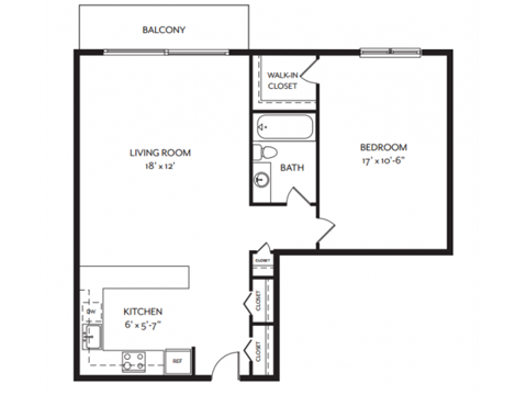Floor plan for 1 bed, 1 bath, 680 sqft